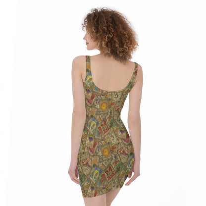 Vintage Wicca Tarot Card Print Sleeveless Bodycon Dress