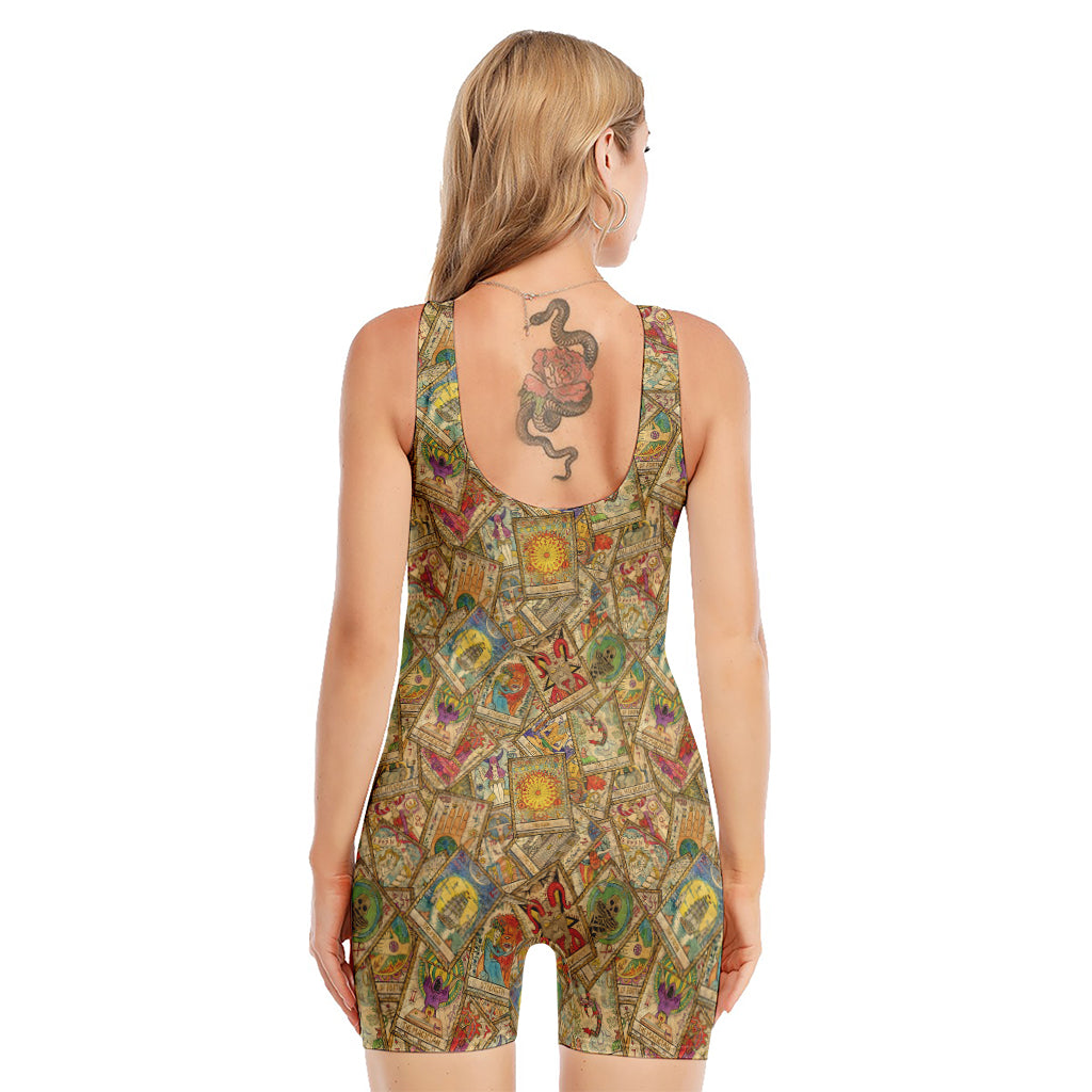 Vintage Wicca Tarot Card Print Sleeveless One Piece Swimsuit