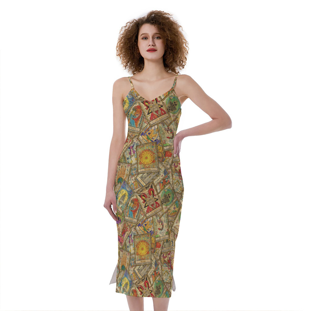 Vintage Wicca Tarot Card Print Slim Fit Midi Cami Dress