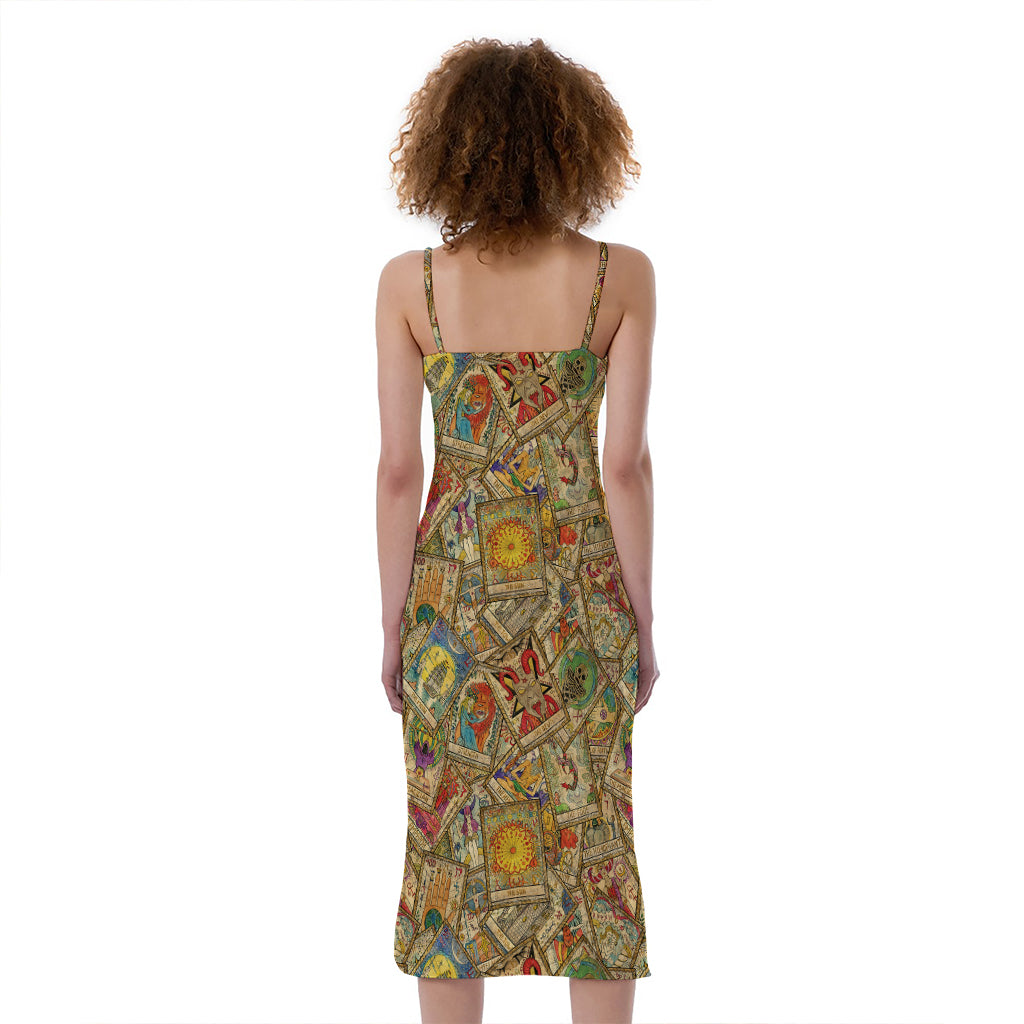 Vintage Wicca Tarot Card Print Slim Fit Midi Cami Dress