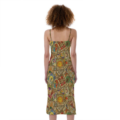 Vintage Wicca Tarot Card Print Slim Fit Midi Cami Dress