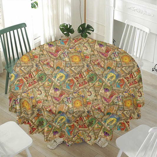 Vintage Wicca Tarot Card Print Waterproof Round Tablecloth