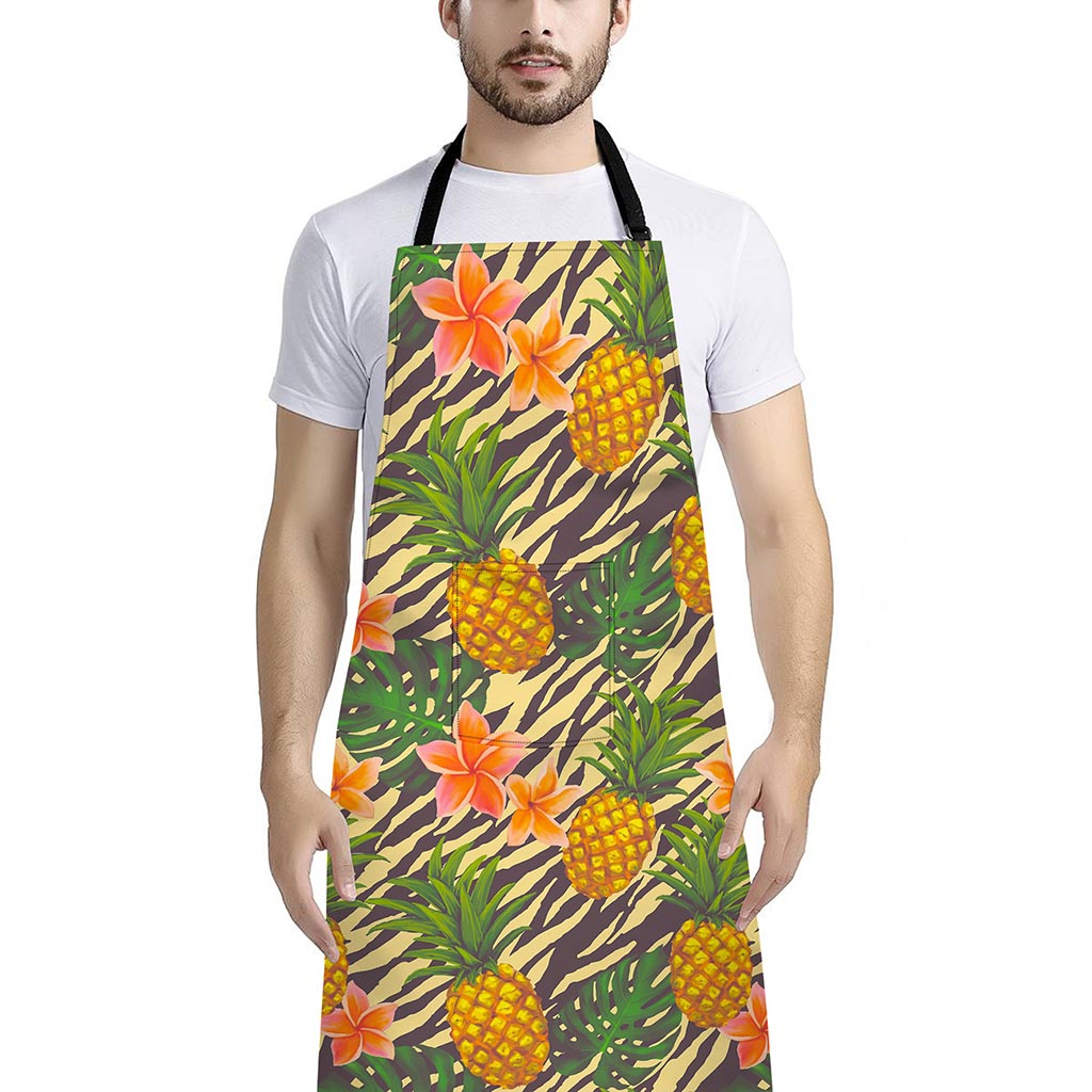 Vintage Zebra Pineapple Pattern Print Bib Apron With Pocket