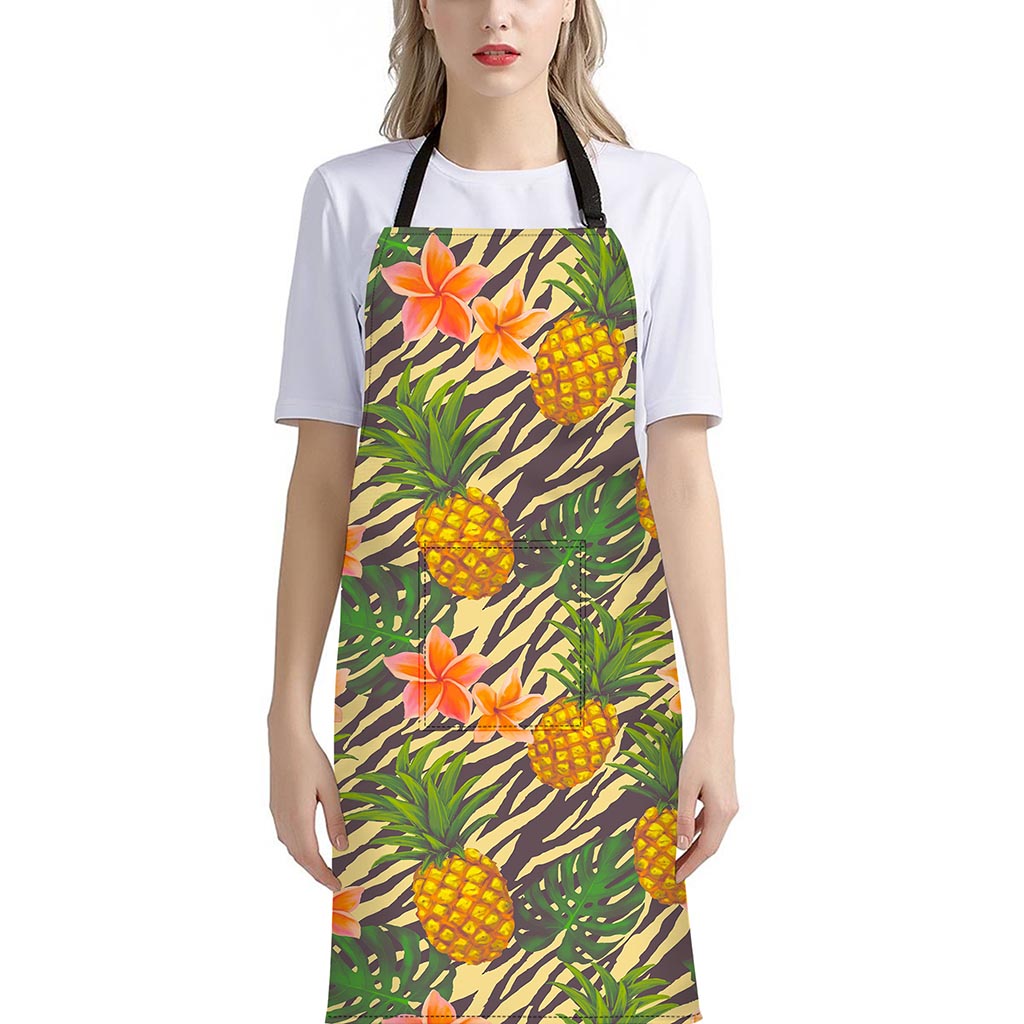 Vintage Zebra Pineapple Pattern Print Bib Apron With Pocket