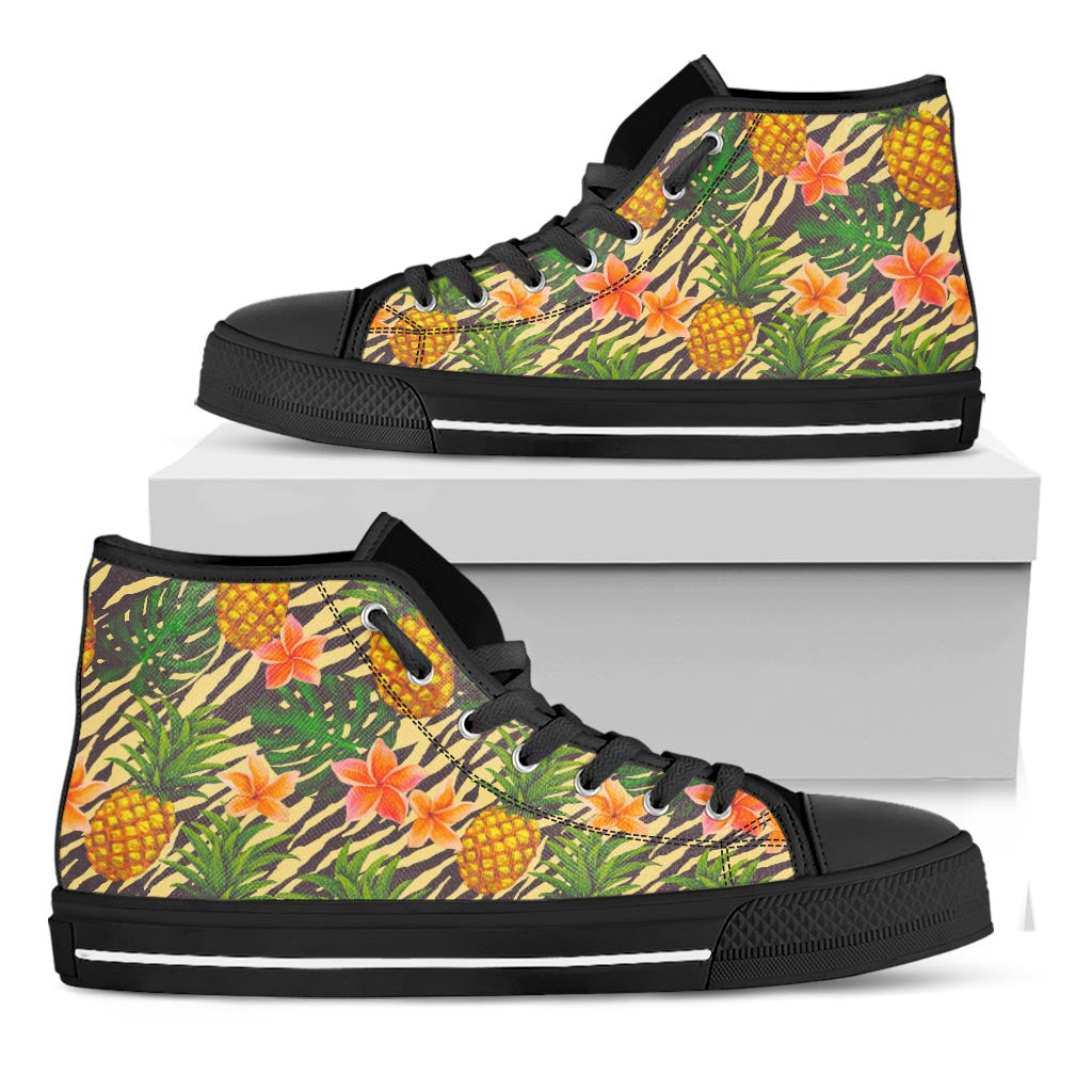 Vintage Zebra Pineapple Pattern Print Black High Top Sneakers