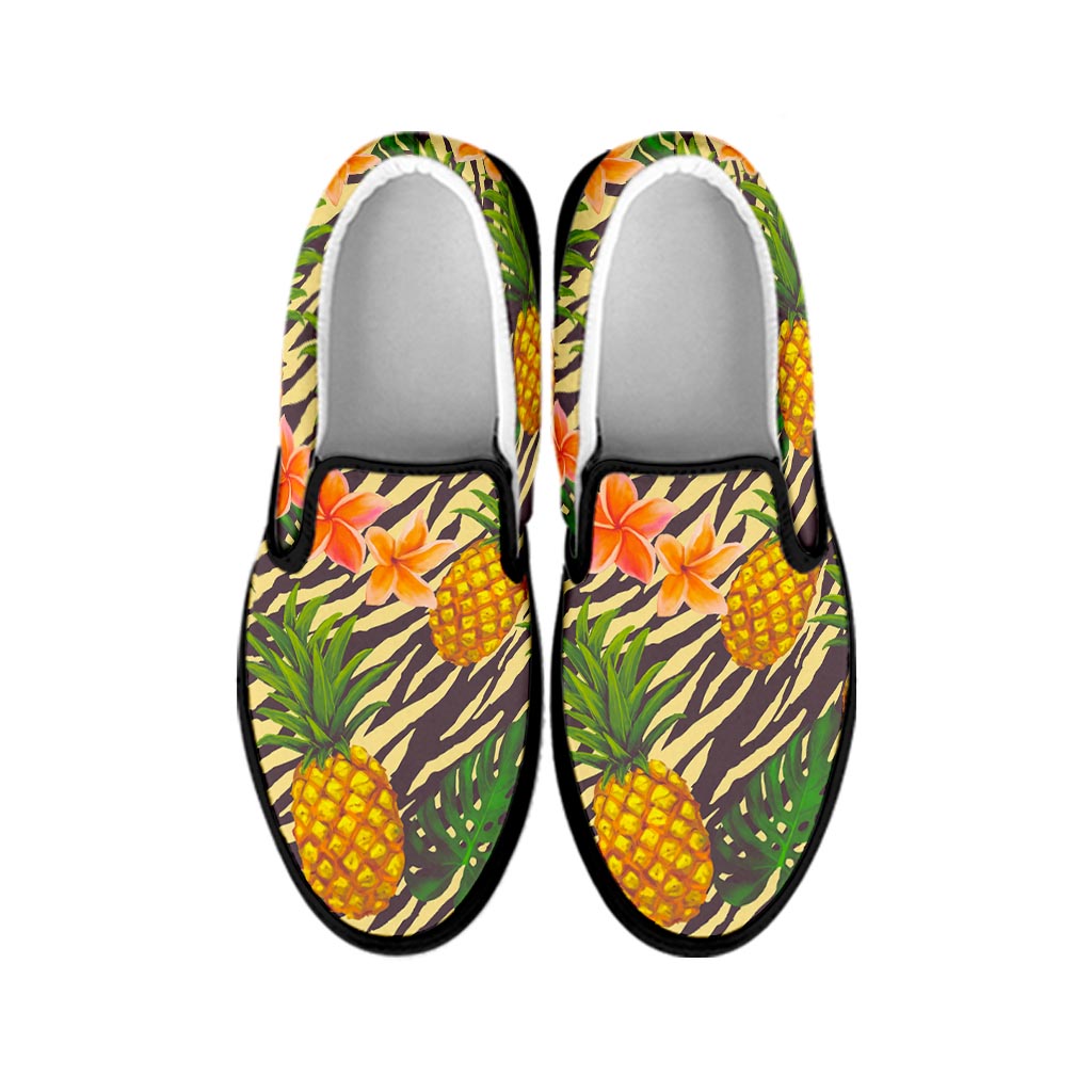 Vintage Zebra Pineapple Pattern Print Black Slip On Sneakers