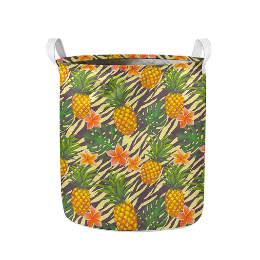 Vintage Zebra Pineapple Pattern Print Collapsible Laundry Basket