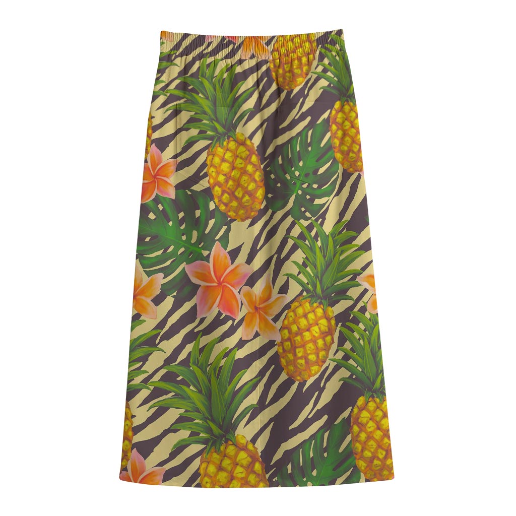 Vintage Zebra Pineapple Pattern Print Cotton Front Slit Maxi Skirt