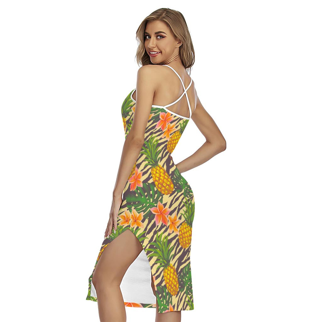 Vintage Zebra Pineapple Pattern Print Cross Back Cami Dress