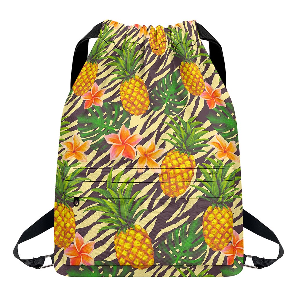 Vintage Zebra Pineapple Pattern Print Drawstring Backpack