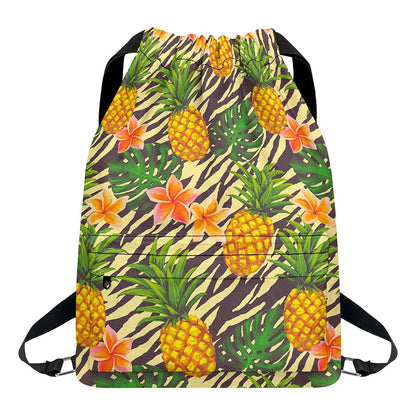 Vintage Zebra Pineapple Pattern Print Drawstring Backpack