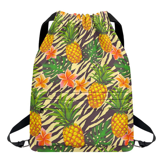 Vintage Zebra Pineapple Pattern Print Drawstring Backpack