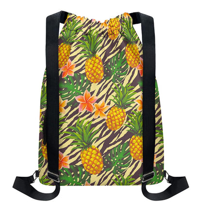 Vintage Zebra Pineapple Pattern Print Drawstring Backpack