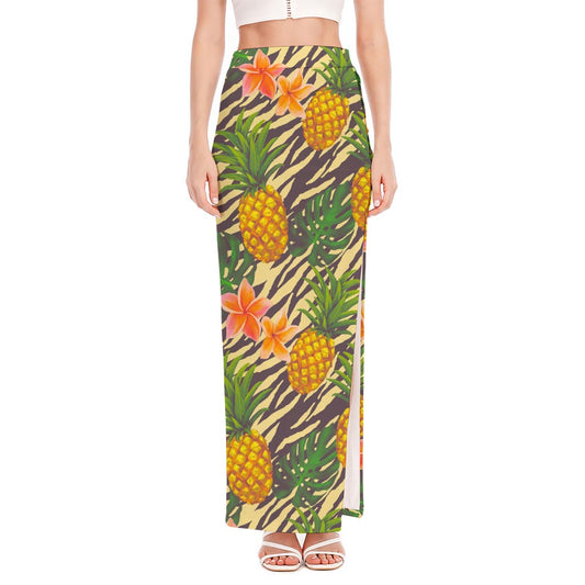 Vintage Zebra Pineapple Pattern Print High Slit Maxi Skirt
