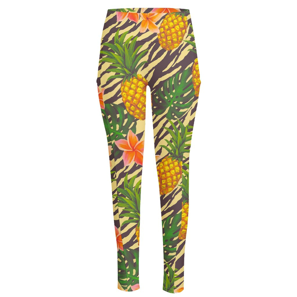 Vintage Zebra Pineapple Pattern Print High-Waisted Pocket Leggings