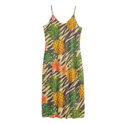 Vintage Zebra Pineapple Pattern Print Jersey Midi Cami Dress