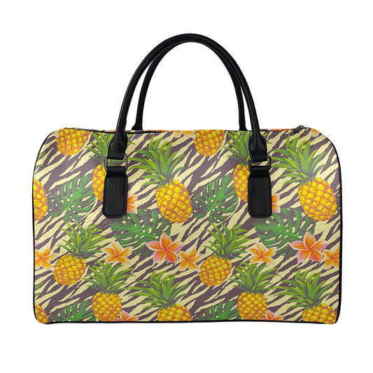 Vintage Zebra Pineapple Pattern Print Leather Duffle Bag