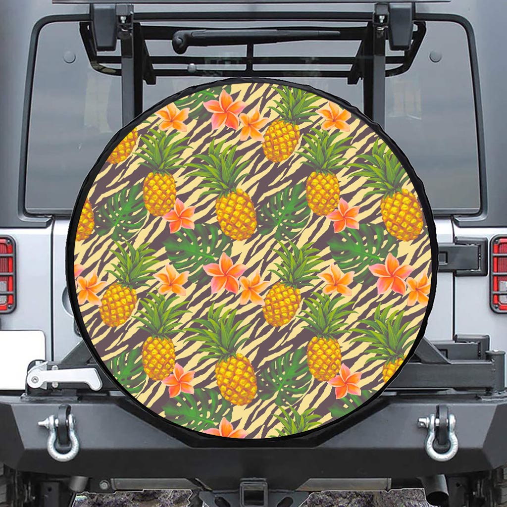 Vintage Zebra Pineapple Pattern Print Leather Spare Tire Cover