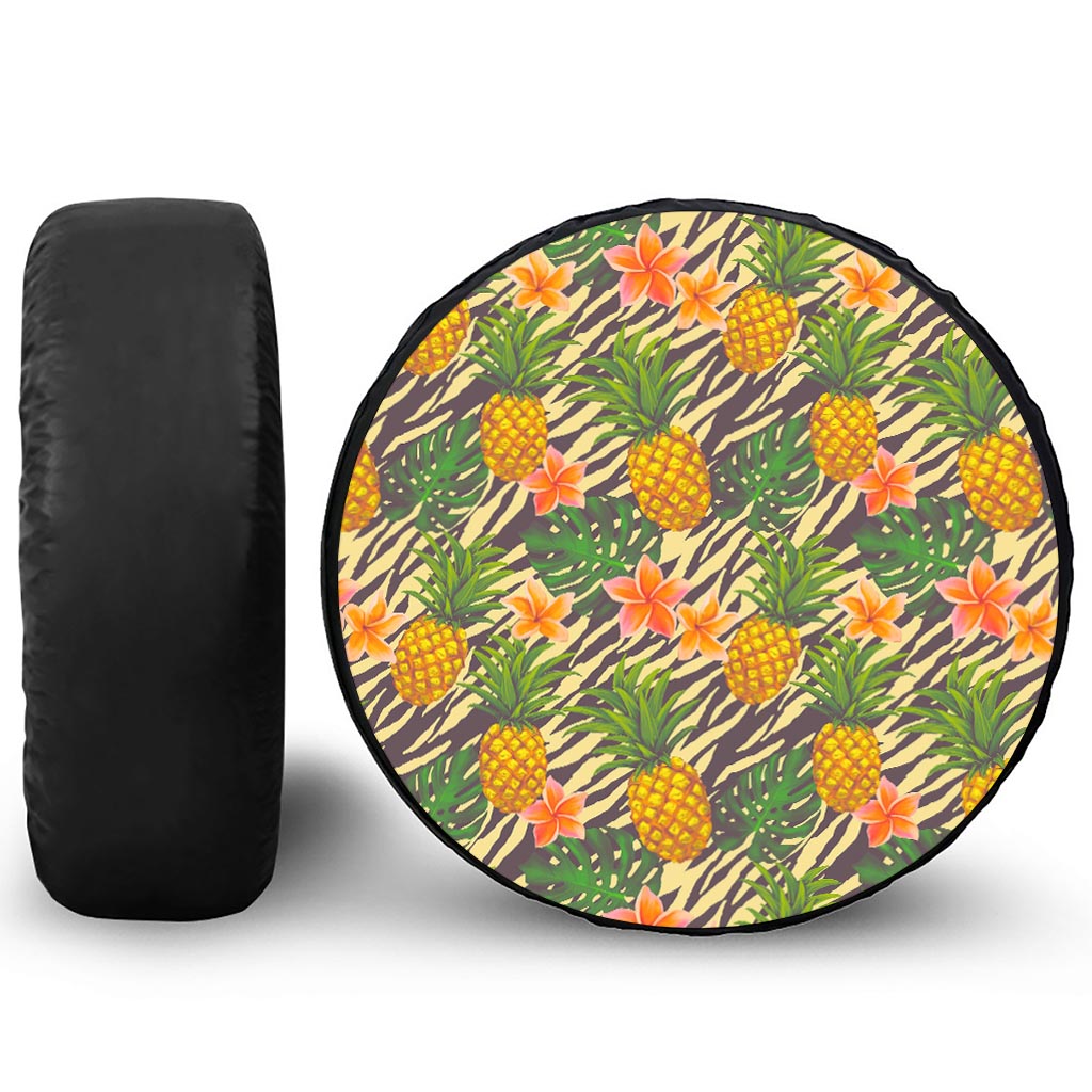 Vintage Zebra Pineapple Pattern Print Leather Spare Tire Cover