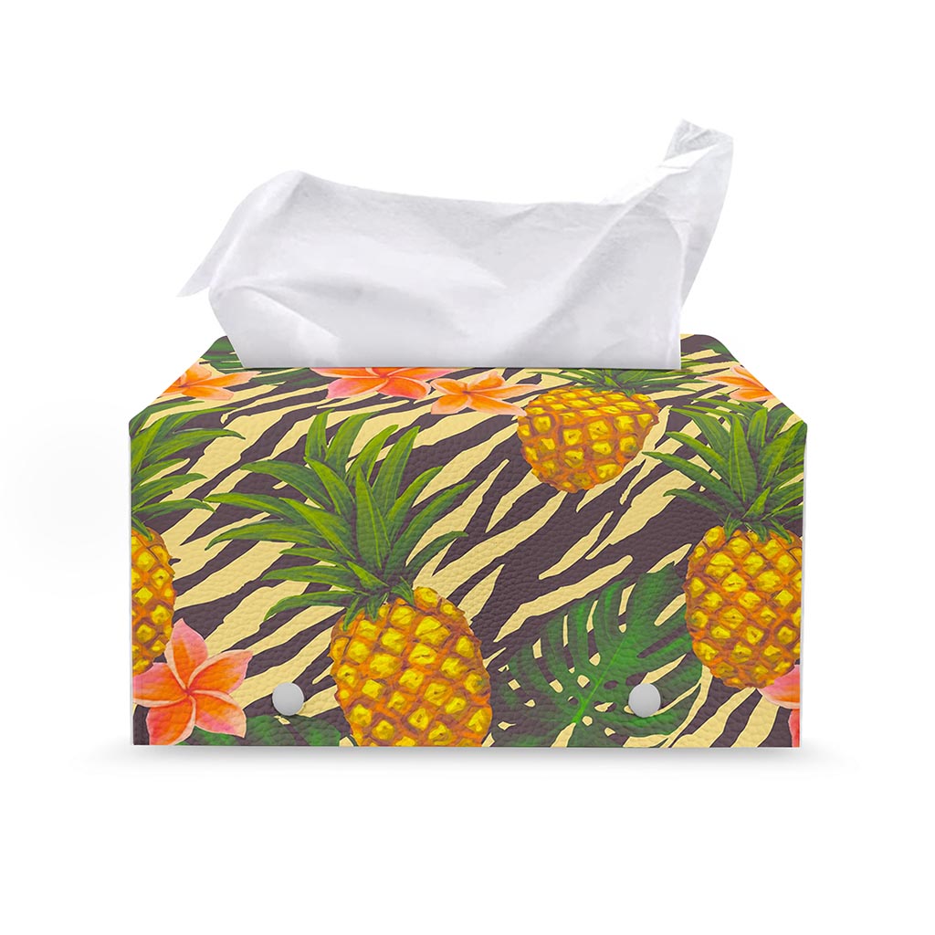 Vintage Zebra Pineapple Pattern Print Leather Tissue Box Cover