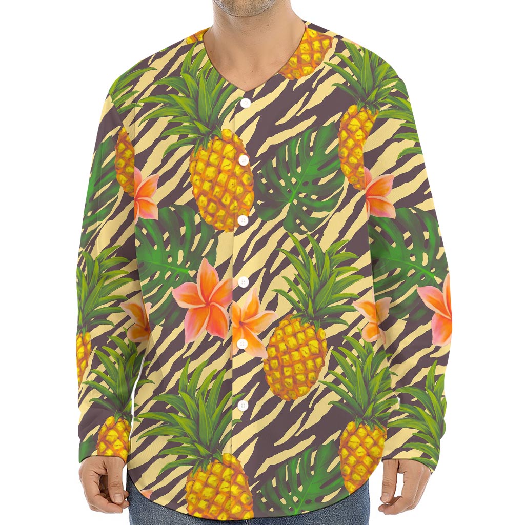 Vintage Zebra Pineapple Pattern Print Long Sleeve Baseball Jersey