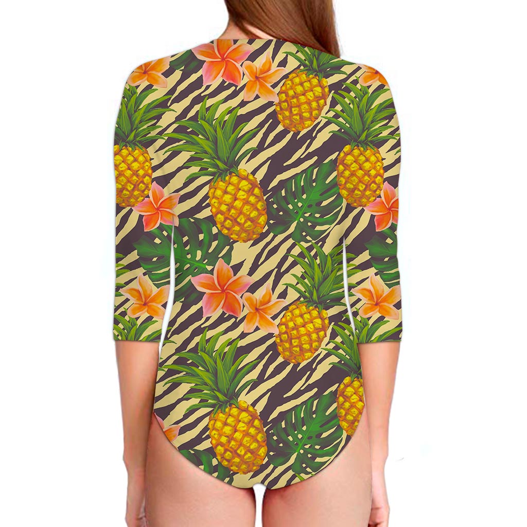 Vintage Zebra Pineapple Pattern Print Long Sleeve Swimsuit