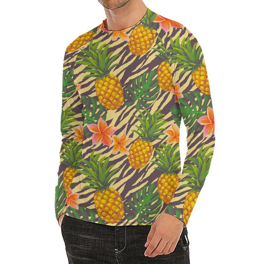Vintage Zebra Pineapple Pattern Print Men's Long Sleeve Rash Guard