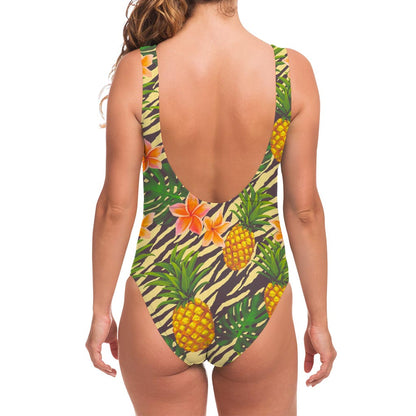 Vintage Zebra Pineapple Pattern Print One Piece Swimsuit
