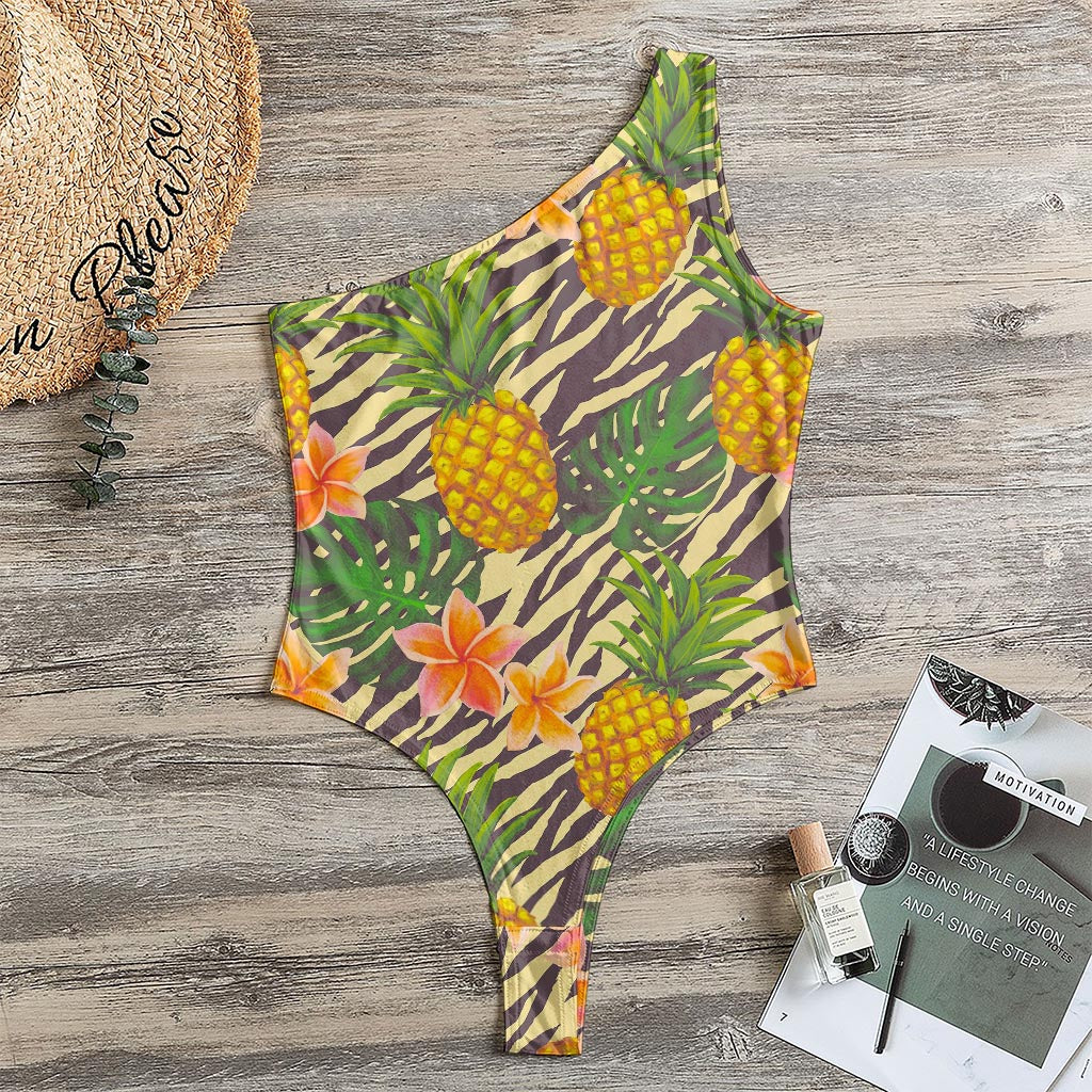 Vintage Zebra Pineapple Pattern Print One Shoulder Bodysuit