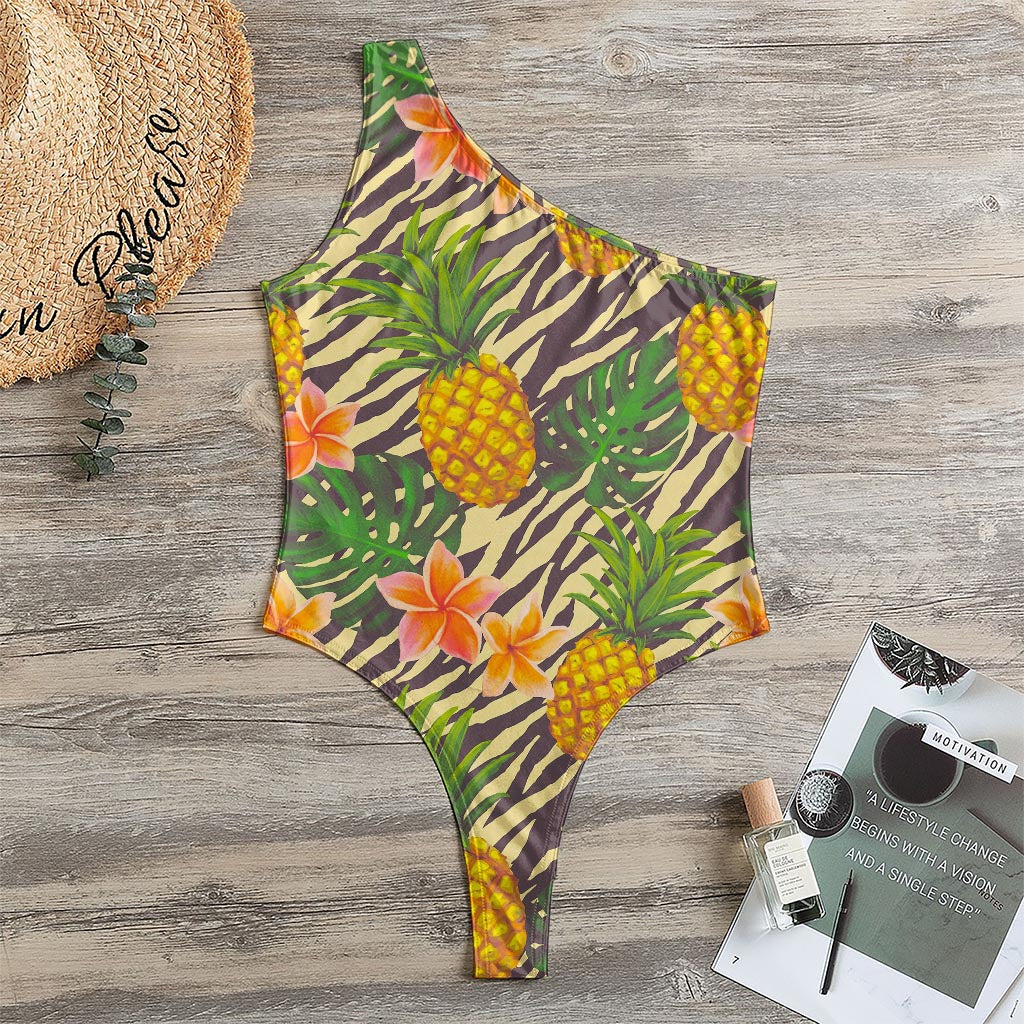 Vintage Zebra Pineapple Pattern Print One Shoulder Bodysuit
