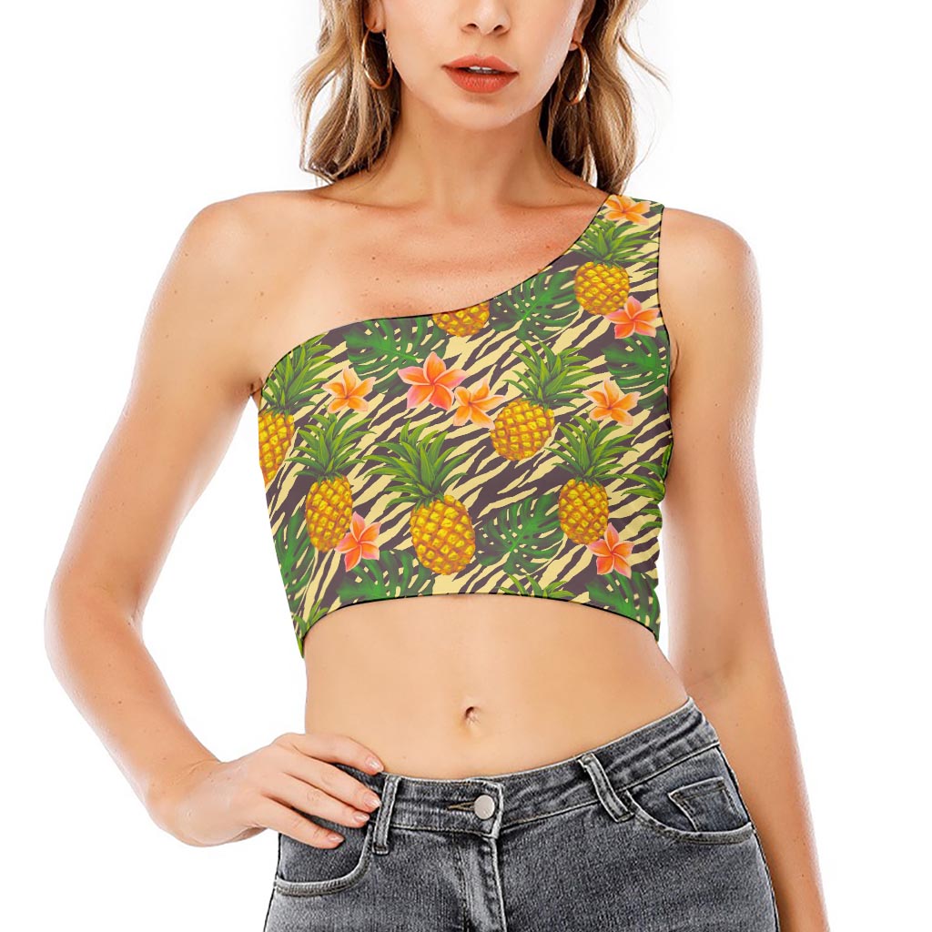 Vintage Zebra Pineapple Pattern Print One Shoulder Crop Top