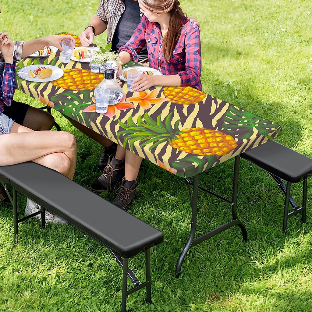 Vintage Zebra Pineapple Pattern Print Picnic Table Cover