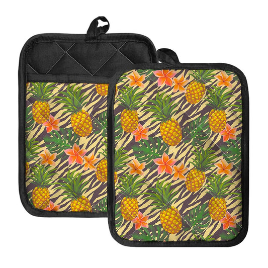 Vintage Zebra Pineapple Pattern Print Pot Holders With Pocket