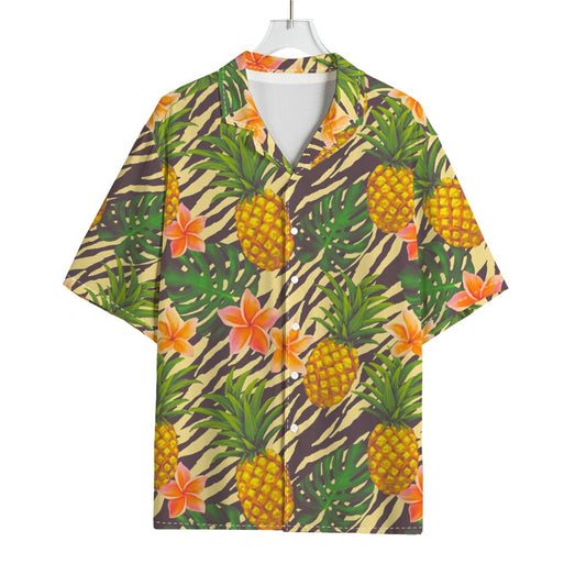 Vintage Zebra Pineapple Pattern Print Rayon Hawaiian Shirt