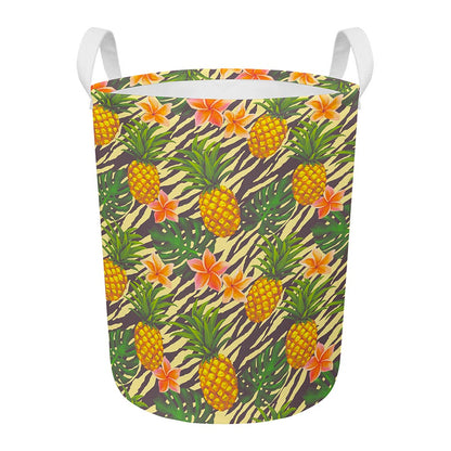 Vintage Zebra Pineapple Pattern Print Round Laundry Basket