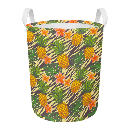 Vintage Zebra Pineapple Pattern Print Round Laundry Basket
