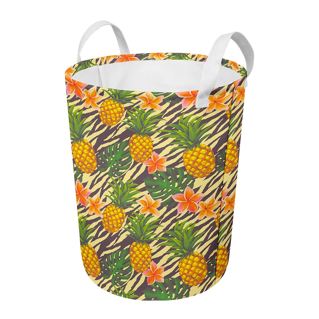 Vintage Zebra Pineapple Pattern Print Round Laundry Basket