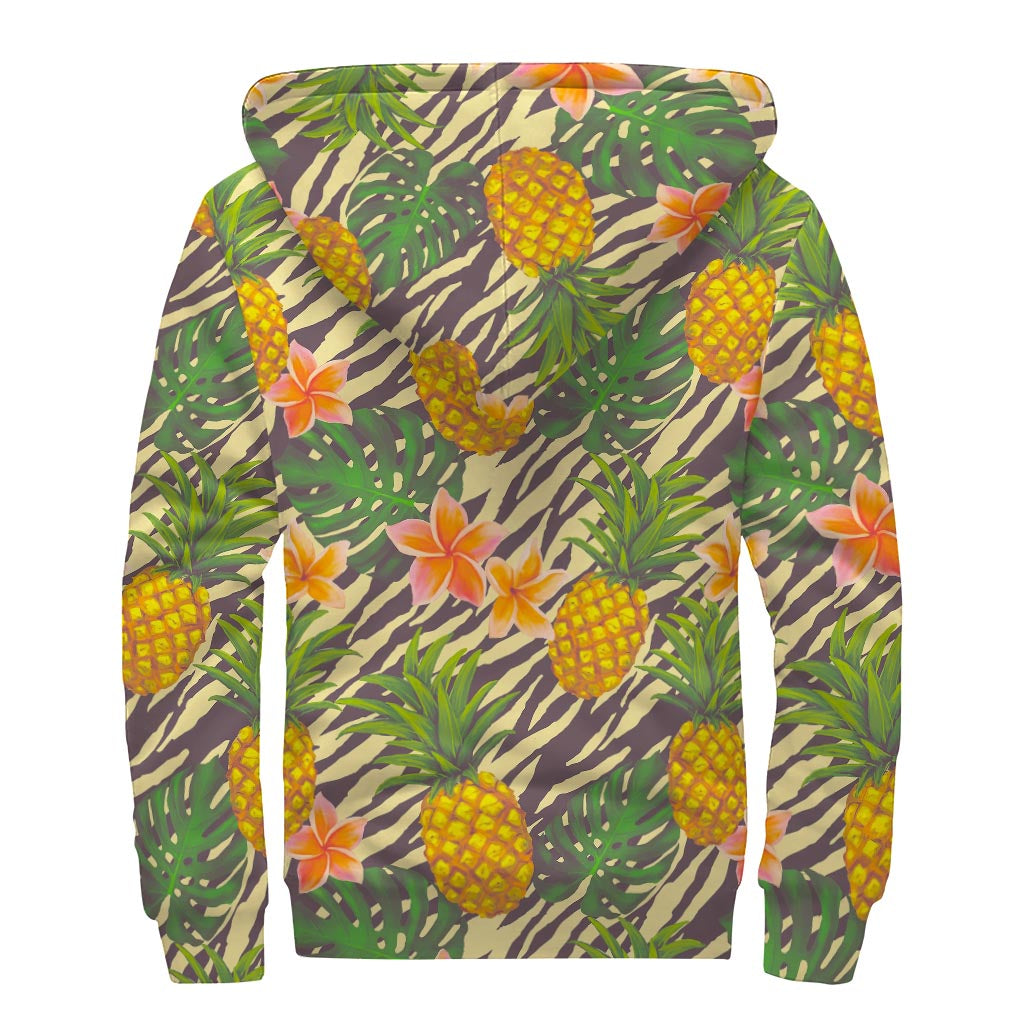 Vintage Zebra Pineapple Pattern Print Sherpa Lined Zip Up Hoodie