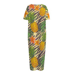 Vintage Zebra Pineapple Pattern Print Short Sleeve Long Nightdress