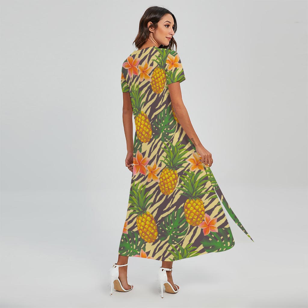 Vintage Zebra Pineapple Pattern Print Short Sleeve Maxi Dress