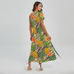 Vintage Zebra Pineapple Pattern Print Short Sleeve Maxi Dress