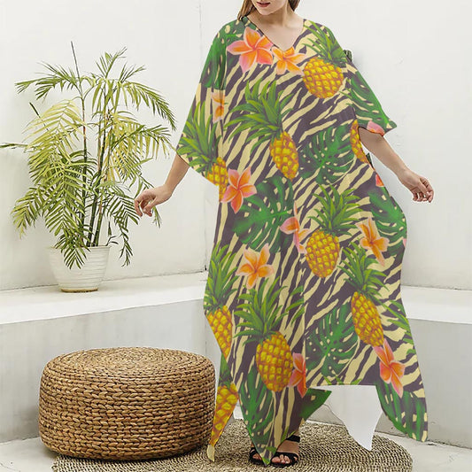 Vintage Zebra Pineapple Pattern Print Silk V-Neck Kaftan Dress
