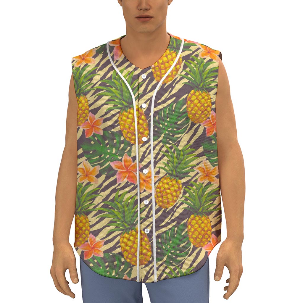 Vintage Zebra Pineapple Pattern Print Sleeveless Baseball Jersey