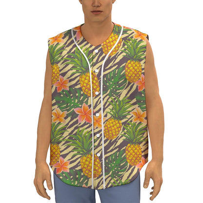 Vintage Zebra Pineapple Pattern Print Sleeveless Baseball Jersey