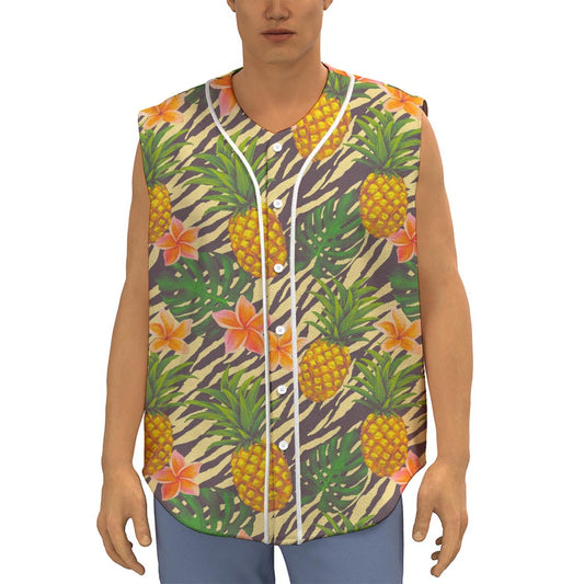 Vintage Zebra Pineapple Pattern Print Sleeveless Baseball Jersey