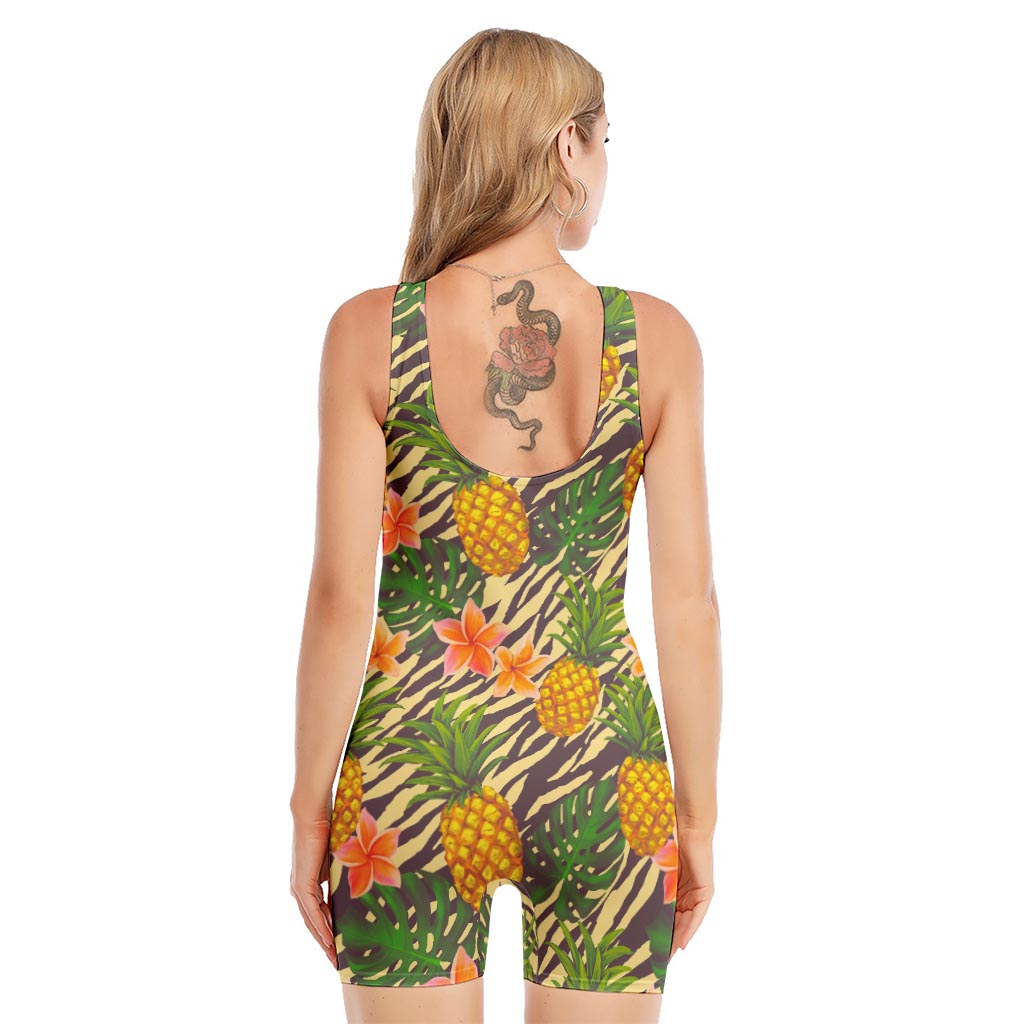 Vintage Zebra Pineapple Pattern Print Sleeveless One Piece Swimsuit