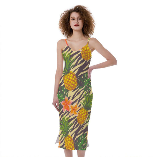 Vintage Zebra Pineapple Pattern Print Slim Fit Midi Cami Dress