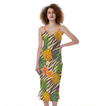 Vintage Zebra Pineapple Pattern Print Slim Fit Midi Cami Dress