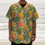 Vintage Zebra Pineapple Pattern Print Textured Short Sleeve Shirt