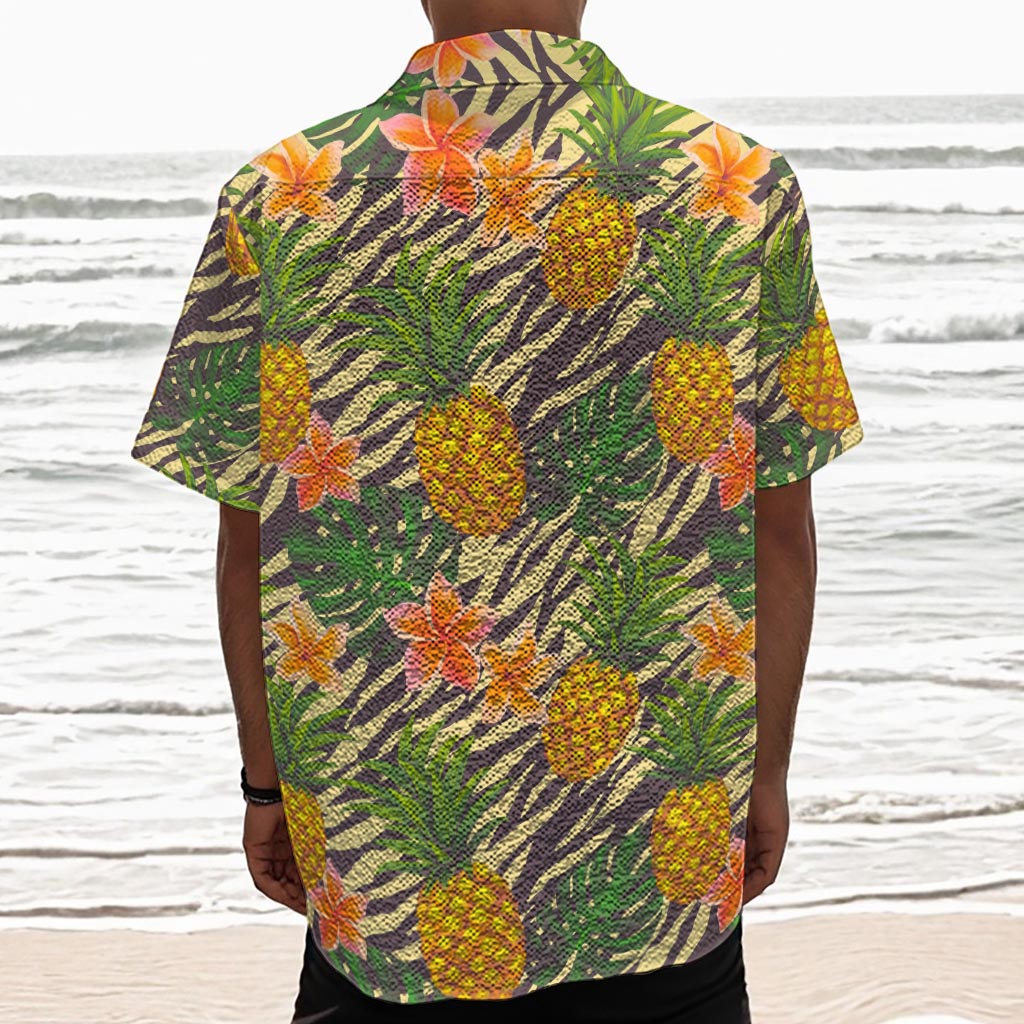 Vintage Zebra Pineapple Pattern Print Textured Short Sleeve Shirt